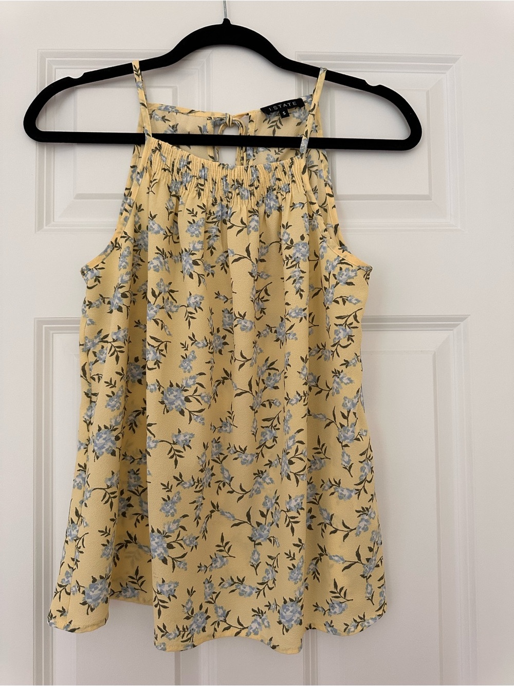 1. State Yellow Floral Halter Cami with Blue Blossoms
